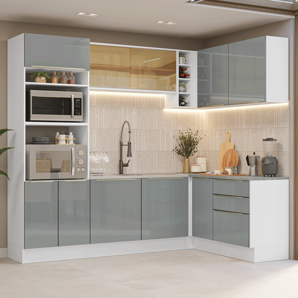 Armário de Cozinha Completa de Canto 399 cm Branco/Cinza Lux Madesa 01