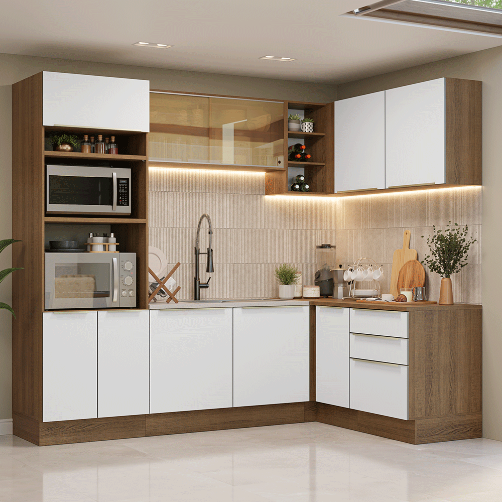 Armário de Cozinha Completa de Canto 416 x 60 cm Rustic/Branco Veludo Lux Madesa 01