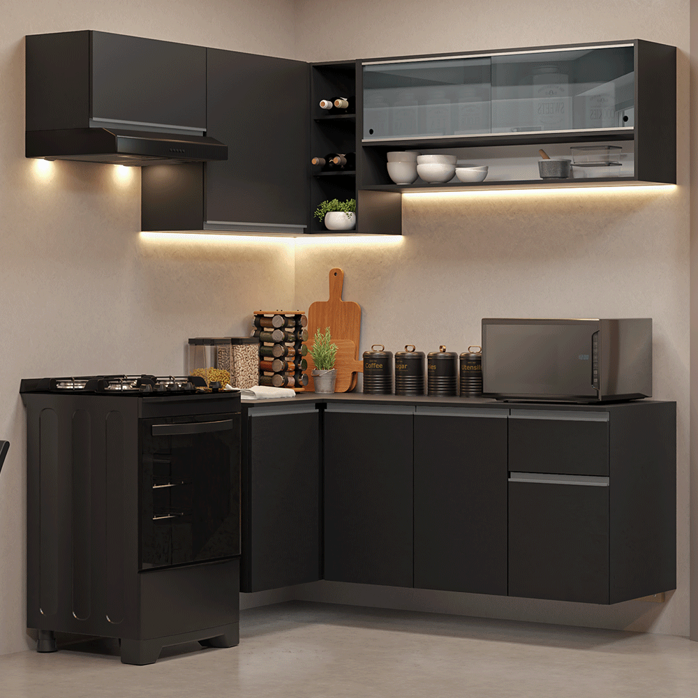 Armário de Cozinha Completa de Canto Suspenso 325 cm Preto Nice Madesa 02