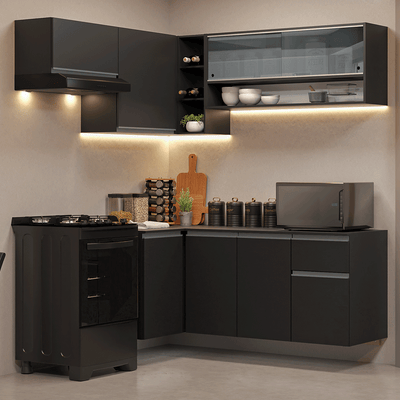 Armário de Cozinha Completa de Canto Suspenso 325 cm Preto Nice Madesa 02