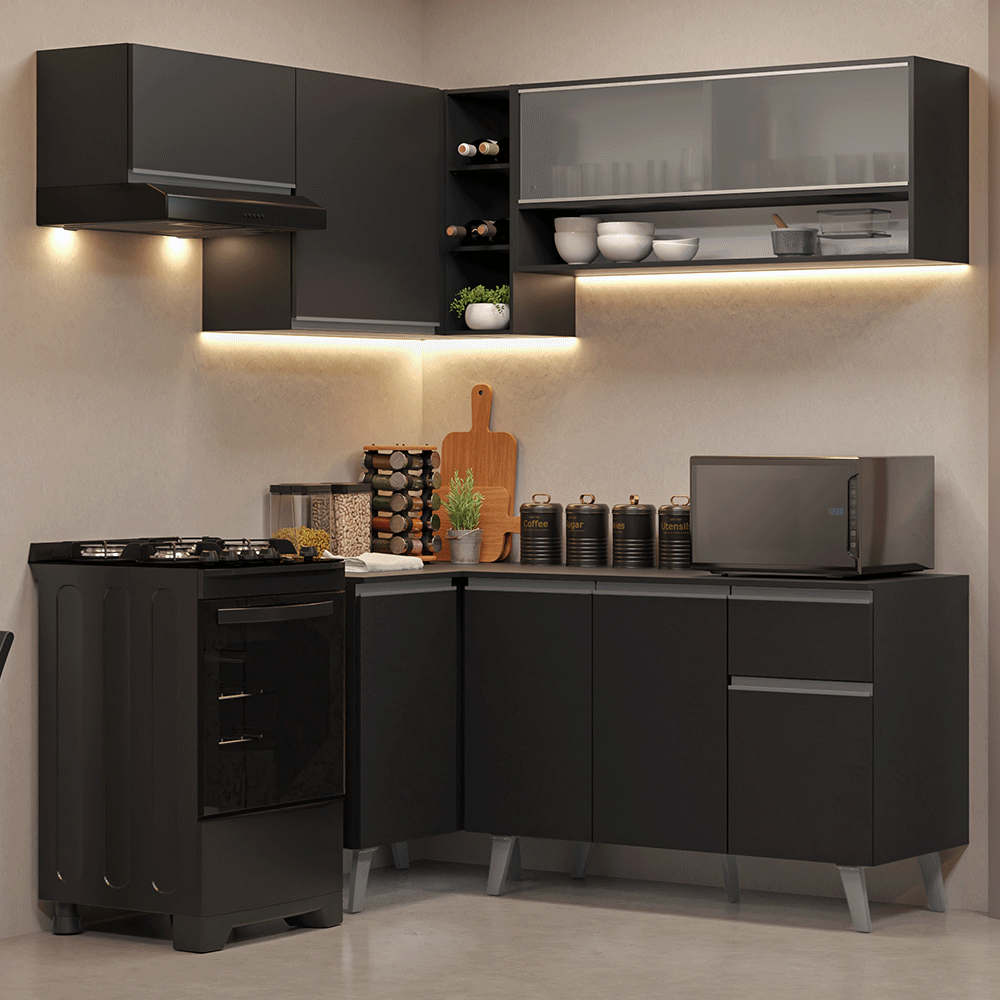 Armário de Cozinha Completa de Canto 325 cm Preto Nice Madesa 03