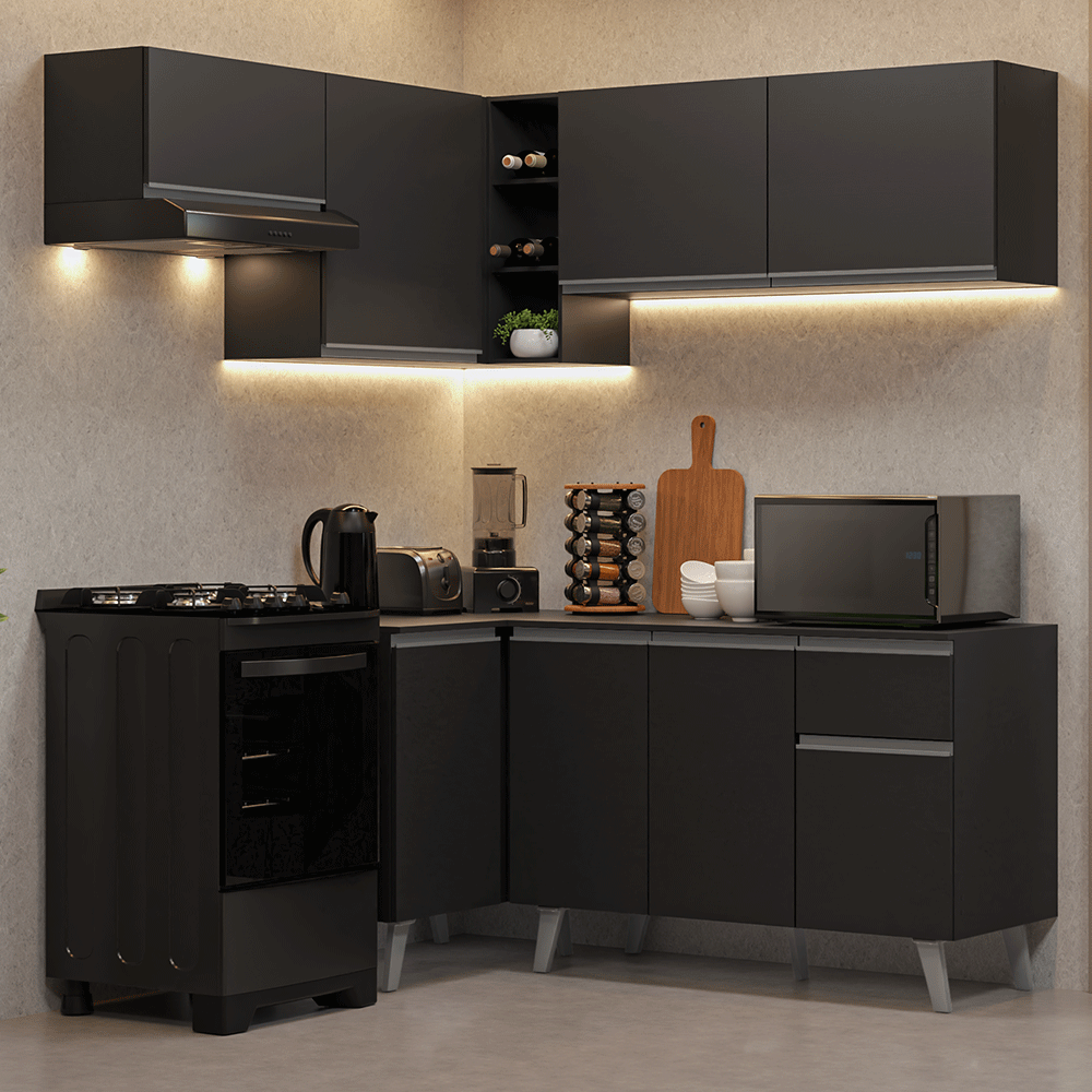 Armário de Cozinha Completa de Canto 325 cm Preto Nice Madesa 06