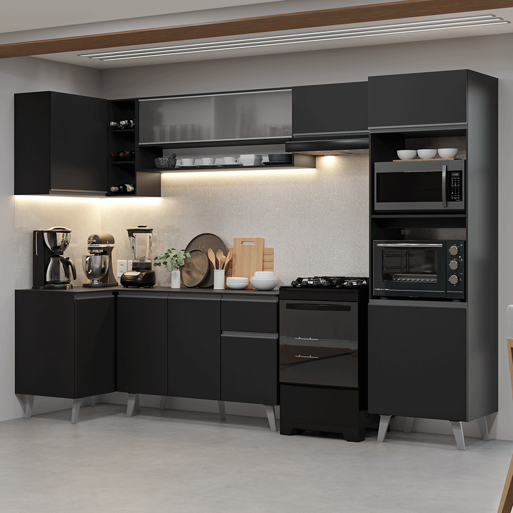 Armário de Cozinha Completa de Canto 385 cm Preto Nice Madesa 03