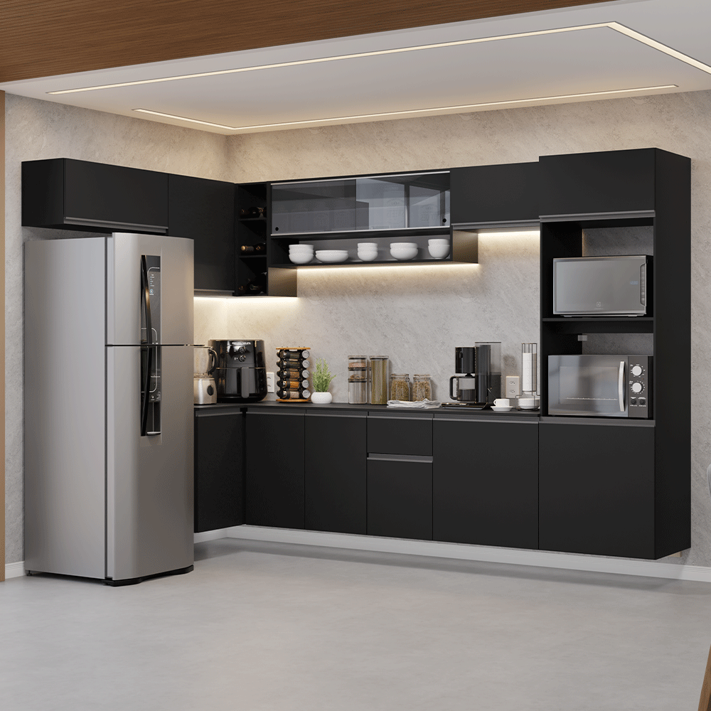 Armário de Cozinha Completa de Canto Suspenso 465 cm Preto Nice Madesa 03