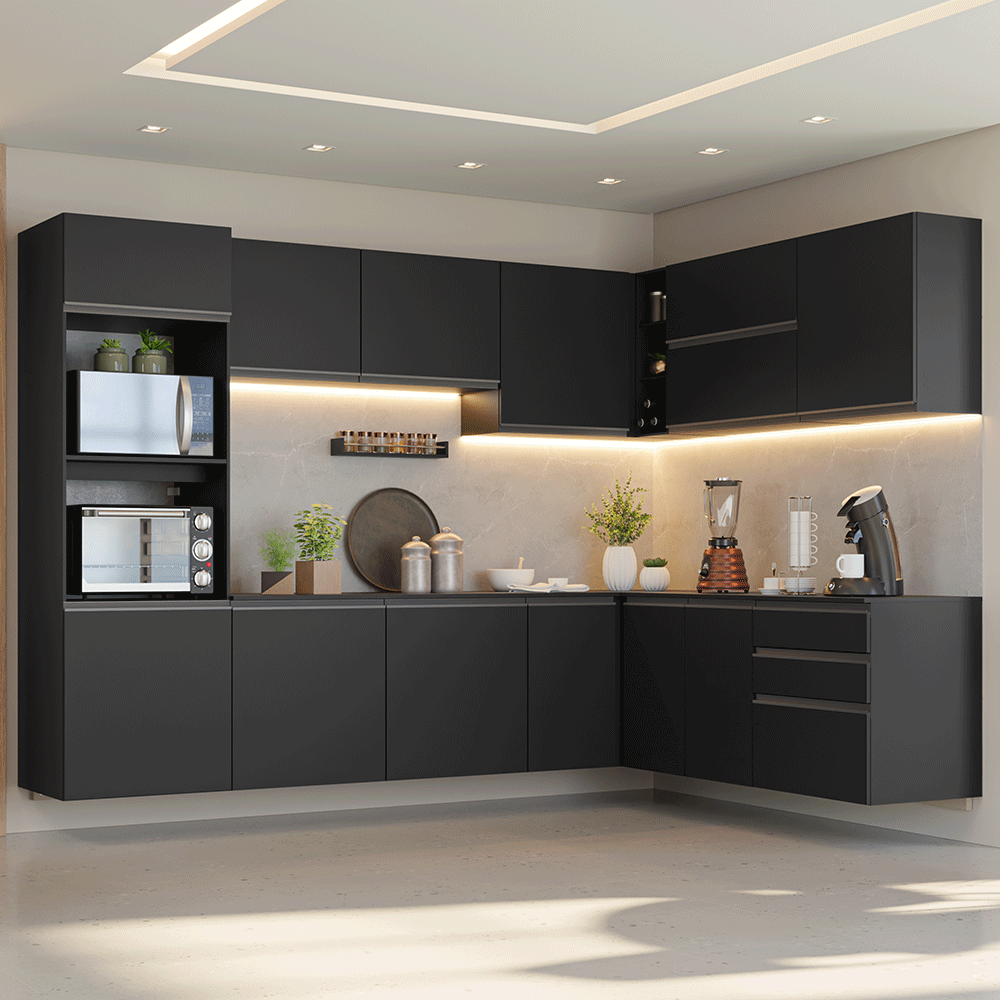 Armário de Cozinha Completa de Canto 465 cm Suspenso Preto Nice Madesa 10