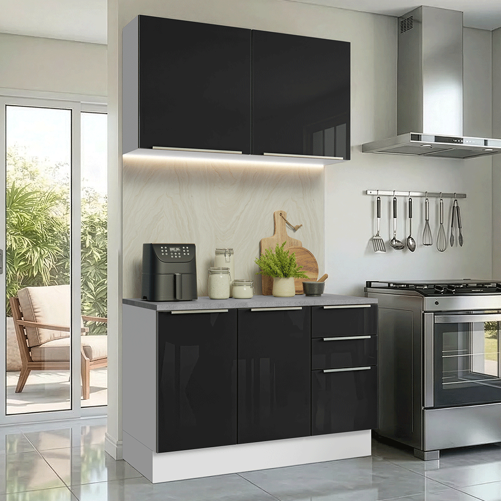 Armário de Cozinha Compacta 120 x 60 cm Branco/Preto Lux Madesa 02