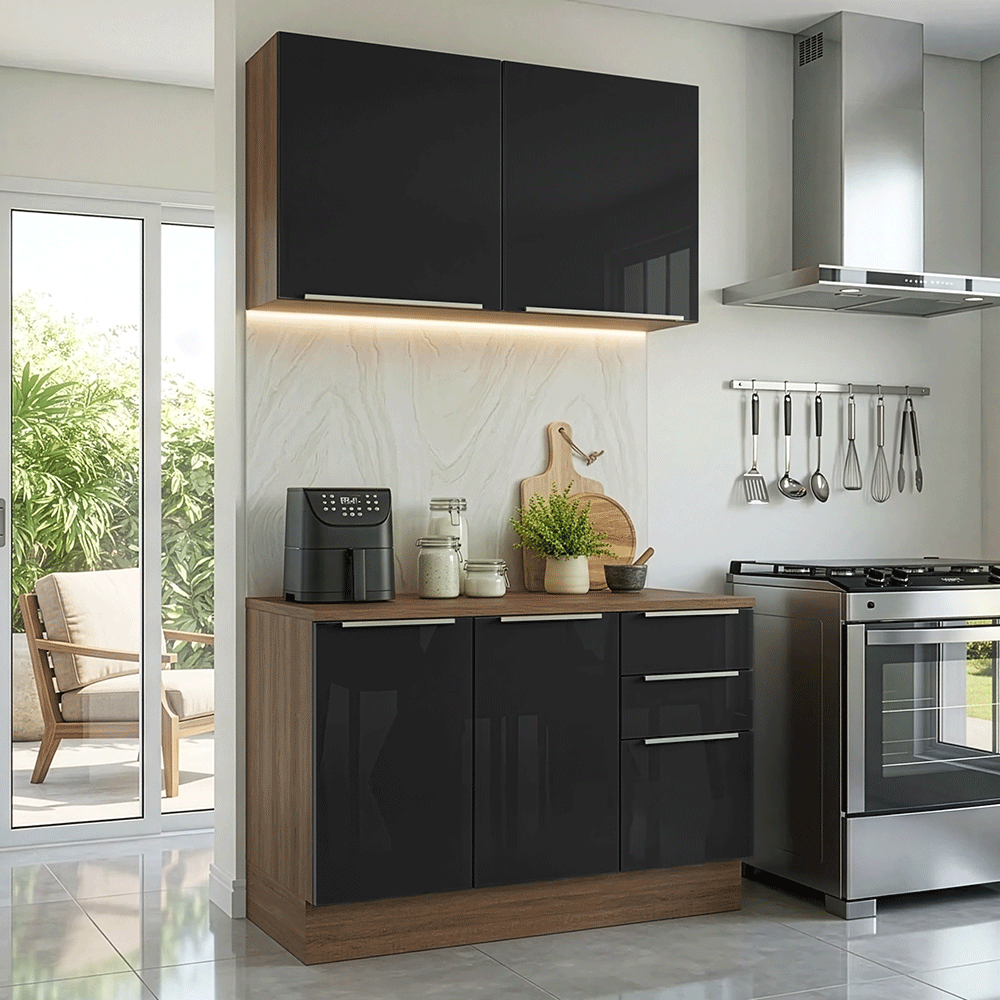 Armário de Cozinha Compacta 120 x 60 cm Rustic/Preto Lux Madesa 02