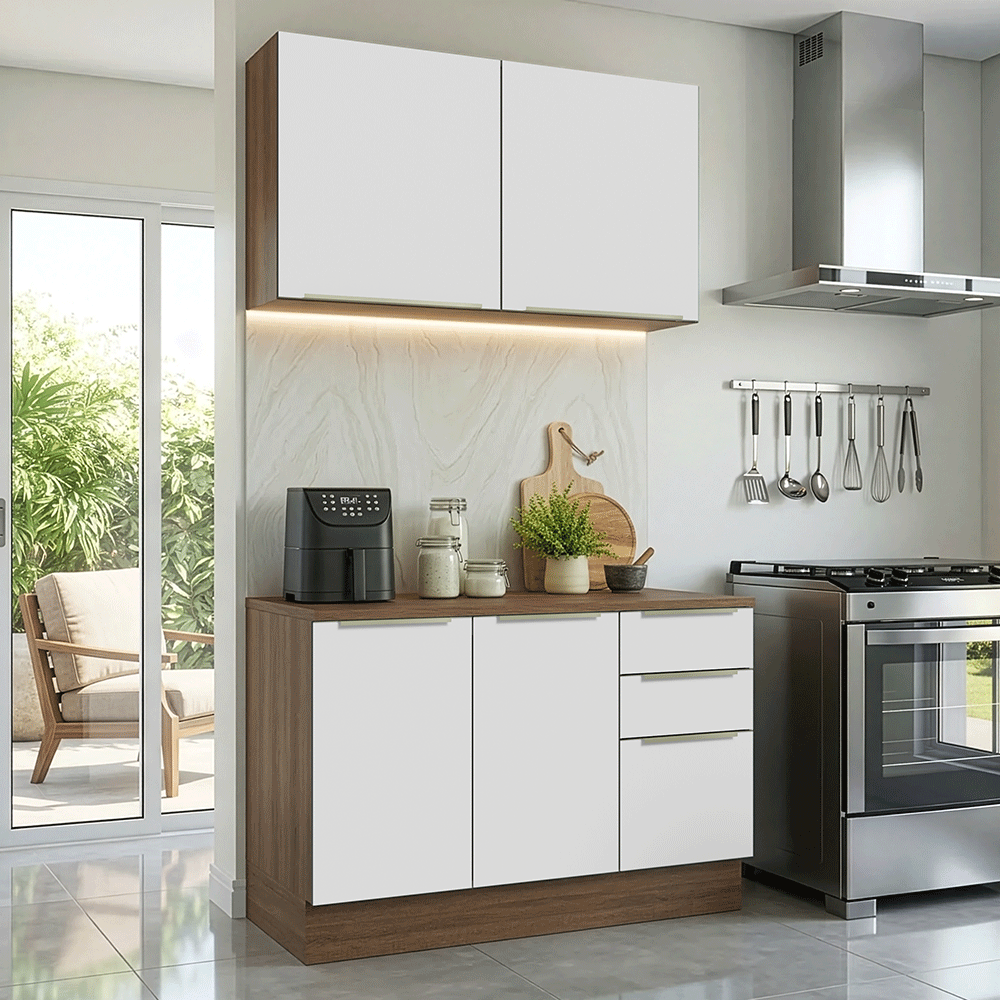 Armário de Cozinha Compacta 120 x 60 cm Rustic/Branco Veludo Lux Madesa 02