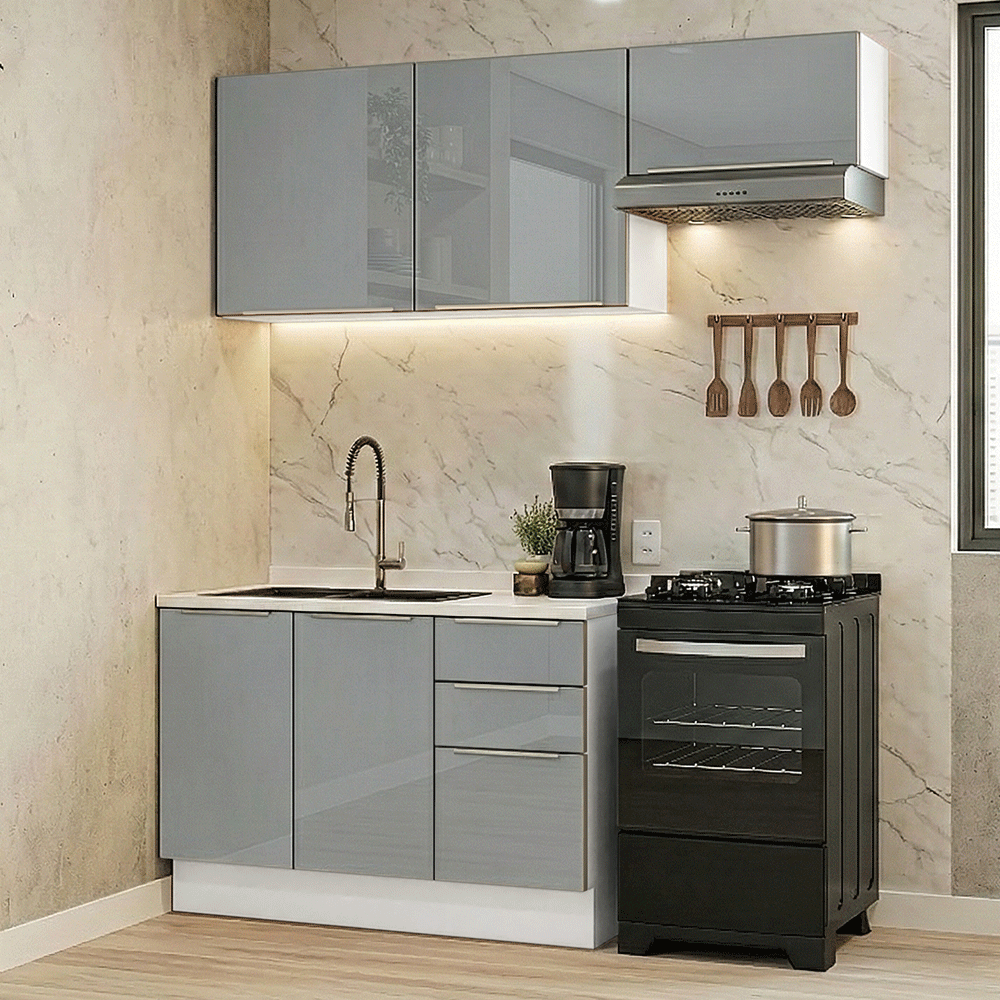 Armário de Cozinha Compacta 180 x 60 cm Branco/Cinza Lux Madesa 03