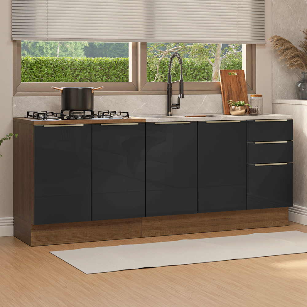 Armário de Cozinha Compacta 200 cm Rustic/Preto Lux Madesa 05