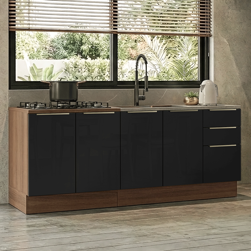 Armário de Cozinha Compacta 200 x 60 cm Rustic/Preto Lux Madesa 06