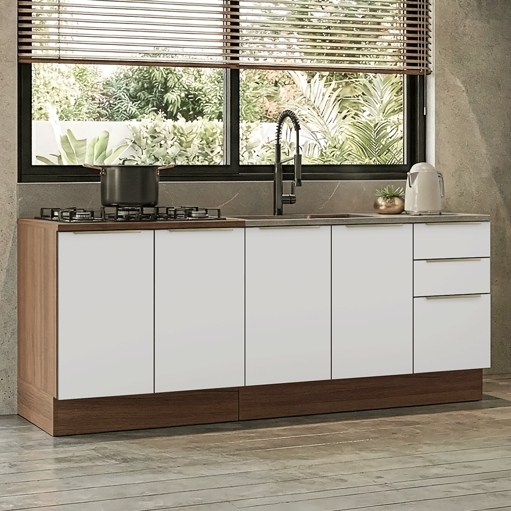 Armário de Cozinha Compacta 200 x 60 cm Rustic/Branco Veludo Lux Madesa 06
