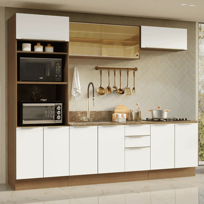 Armário de Cozinha Completa 270 x 60 cm Rustic/Branco Veludo Lux Madesa 06
