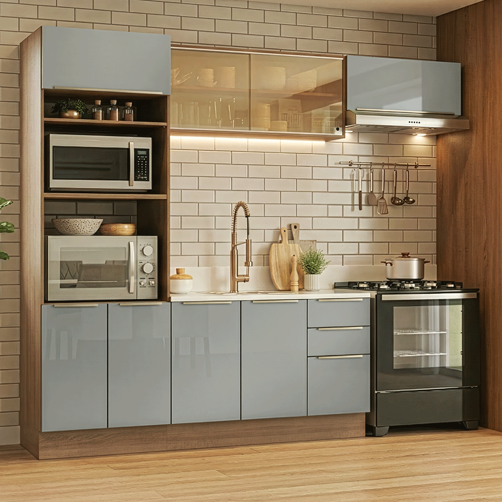 Armário de Cozinha Completa 270 x 60 cm Rustic/Cinza Lux Madesa 08