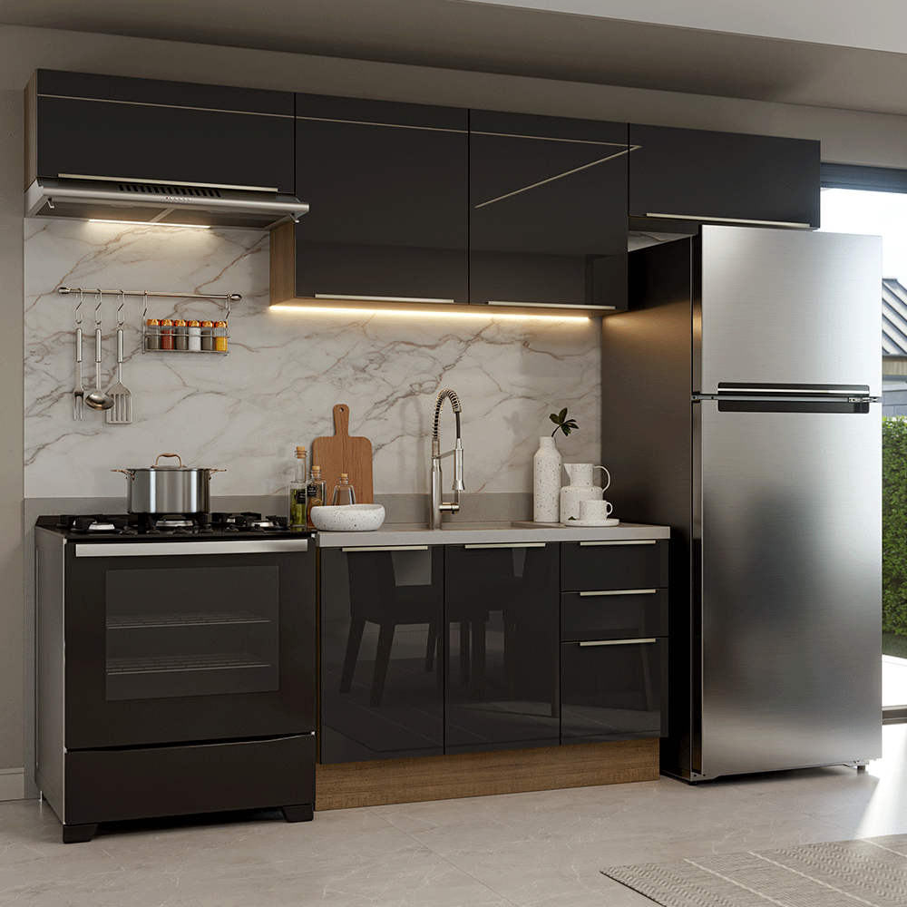 Armário de Cozinha Completa 280 cm Rustic/Preto Lux Madesa 01