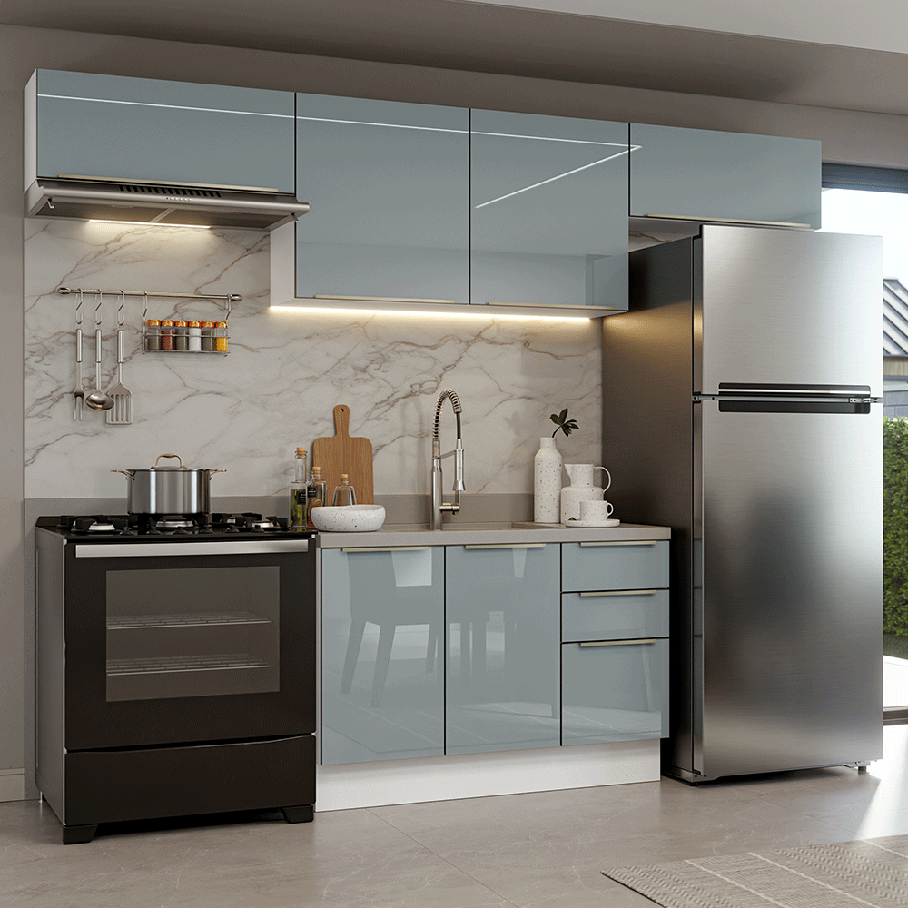 Armário de Cozinha Completa 280 cm Branco/Cinza Lux Madesa 01