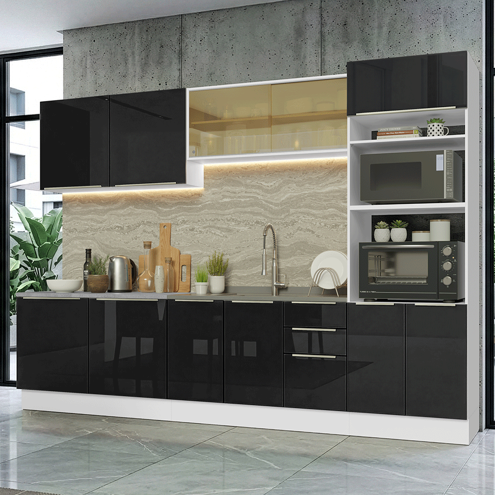 Armário de Cozinha Completa 310 x 60 cm Branco/Preto Lux Madesa 04