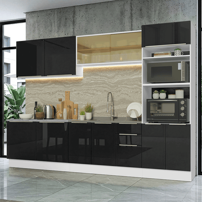 Armário de Cozinha Completa 310 x 60 cm Branco/Preto Lux Madesa 04