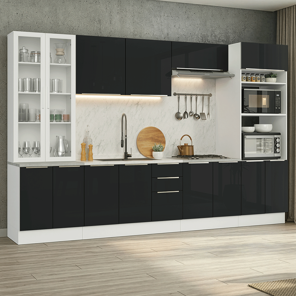 Armário de Cozinha Completa 340 x 60 cm Branco/Preto Lux Madesa 04