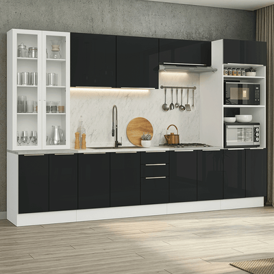 Armário de Cozinha Completa 340 x 60 cm Branco/Preto Lux Madesa 04