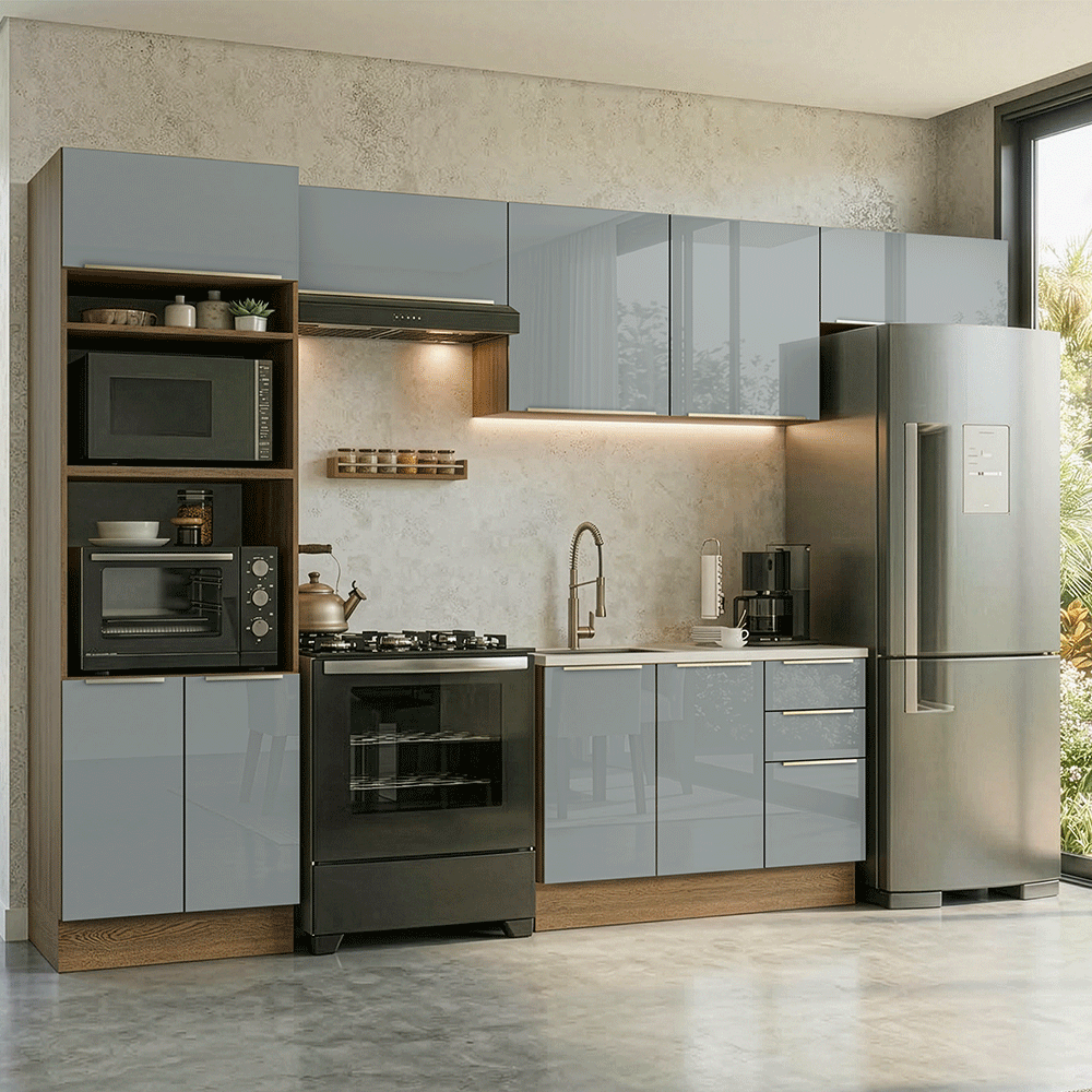 Armário de Cozinha Completa 350 x 60 cm Rustic/Cinza Lux Madesa 02