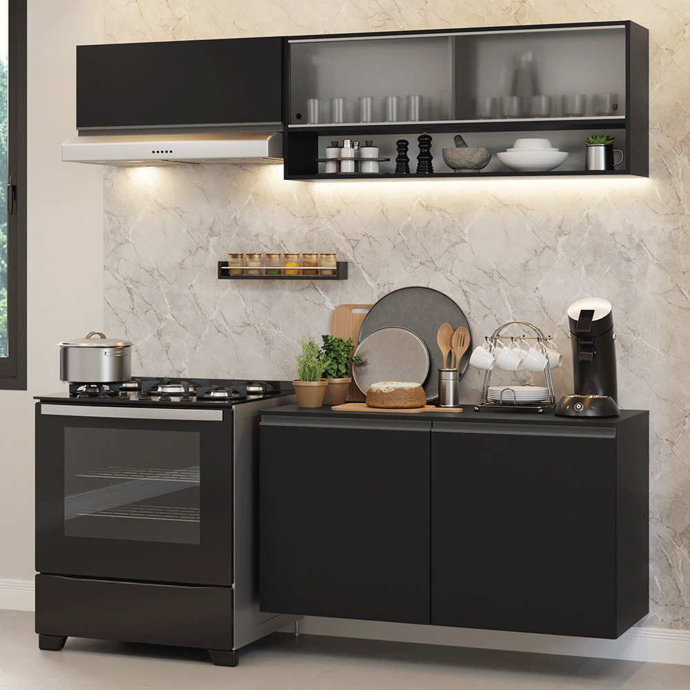 Armário de Cozinha Compacta 200 cm Suspenso Preto Nice Madesa 07
