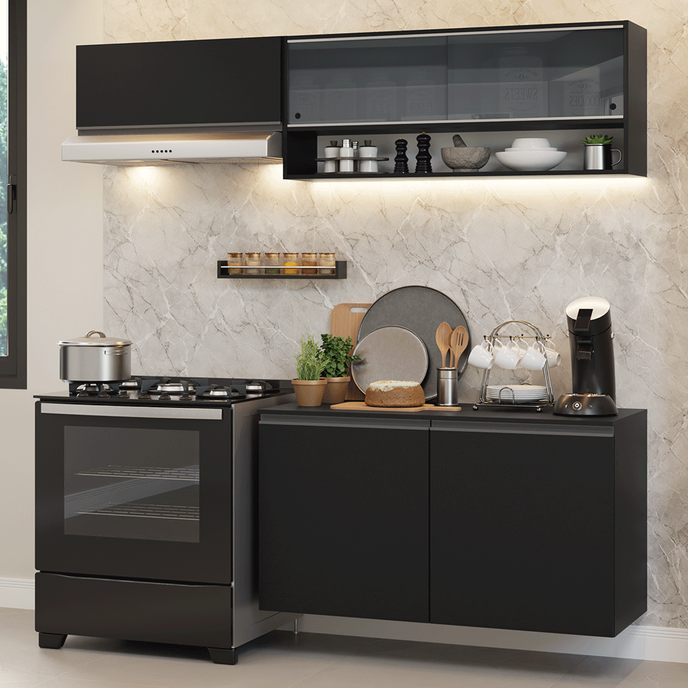 Armário de Cozinha Compacta 200 cm Suspenso Preto Nice Madesa 08