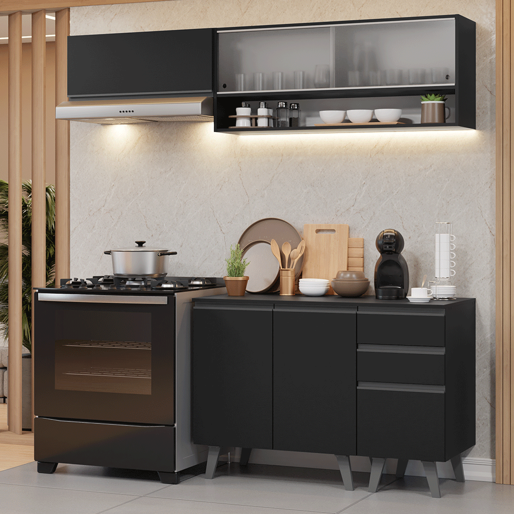 Armário de Cozinha Compacta 200 cm Preto Nice Madesa 13