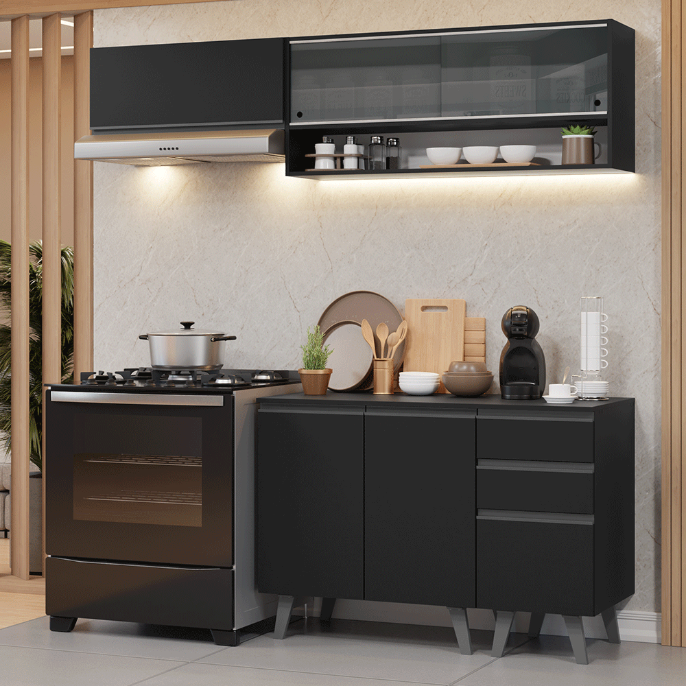 Armário de Cozinha Compacta 200 cm Preto Nice Madesa 14