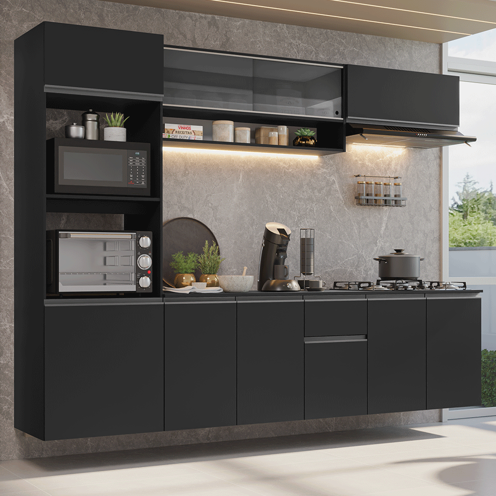 Armário de Cozinha Completa 260 cm Suspenso Preto Nice Madesa 014