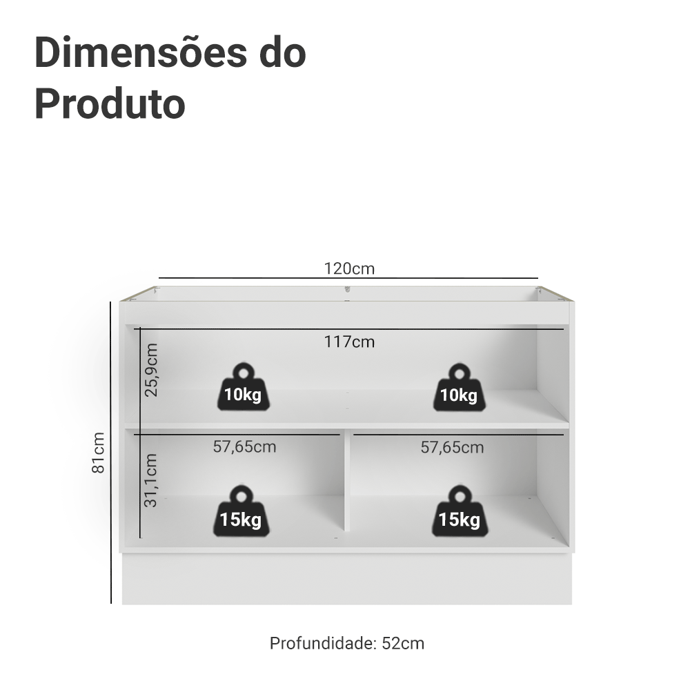 Balcão Gabinete de Pia 120 cm 2 Portas (Sem Tampo) Branco/Preto Lux Madesa