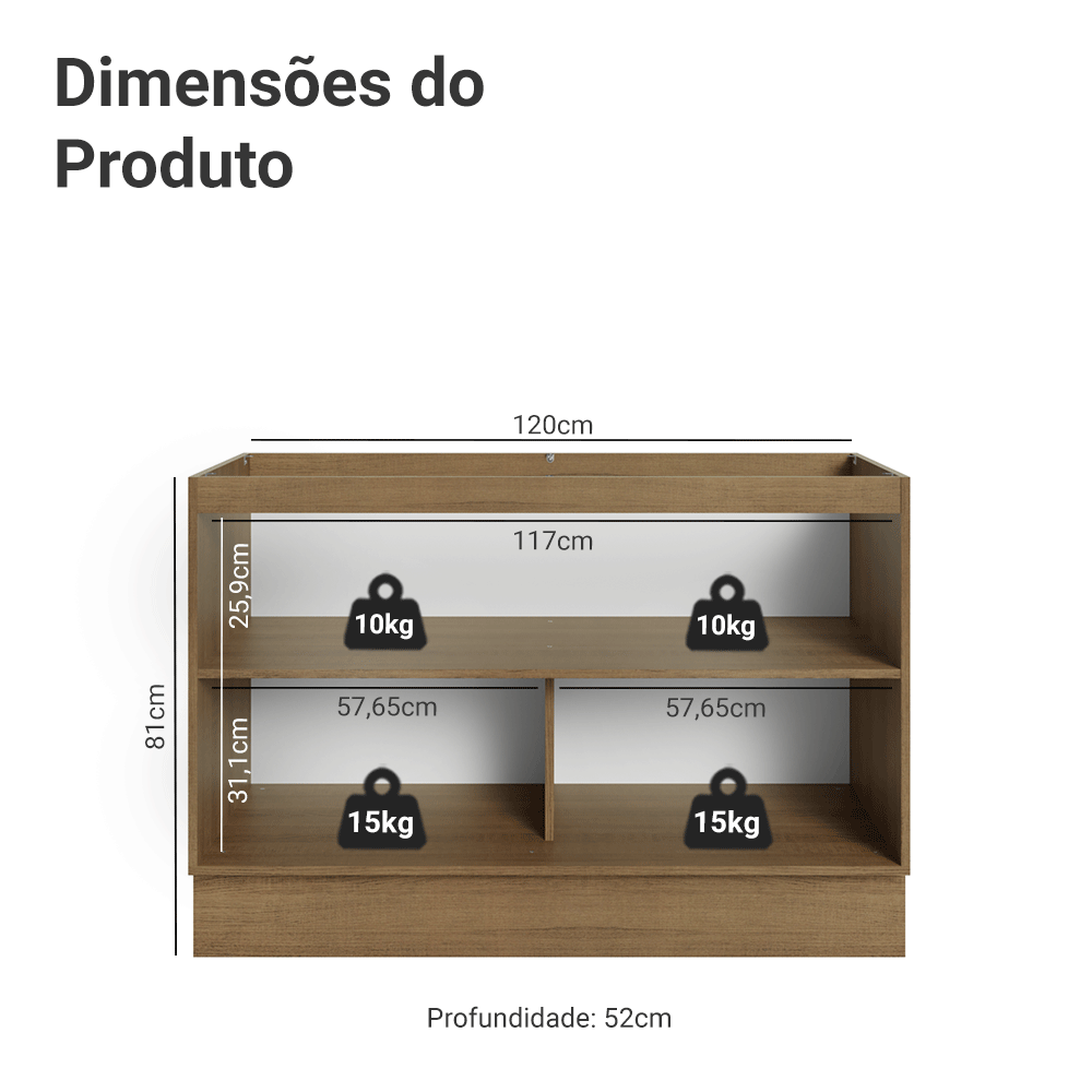 Balcão Gabinete de Pia 120 cm 2 Portas (Sem Tampo) Rustic/Preto Lux Madesa