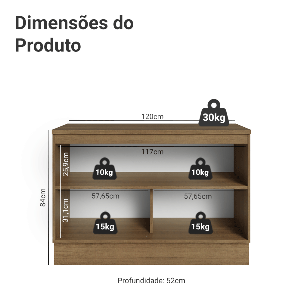 Balcão de Cozinha 120 cm 2 Portas Rustic/Preto Lux Madesa