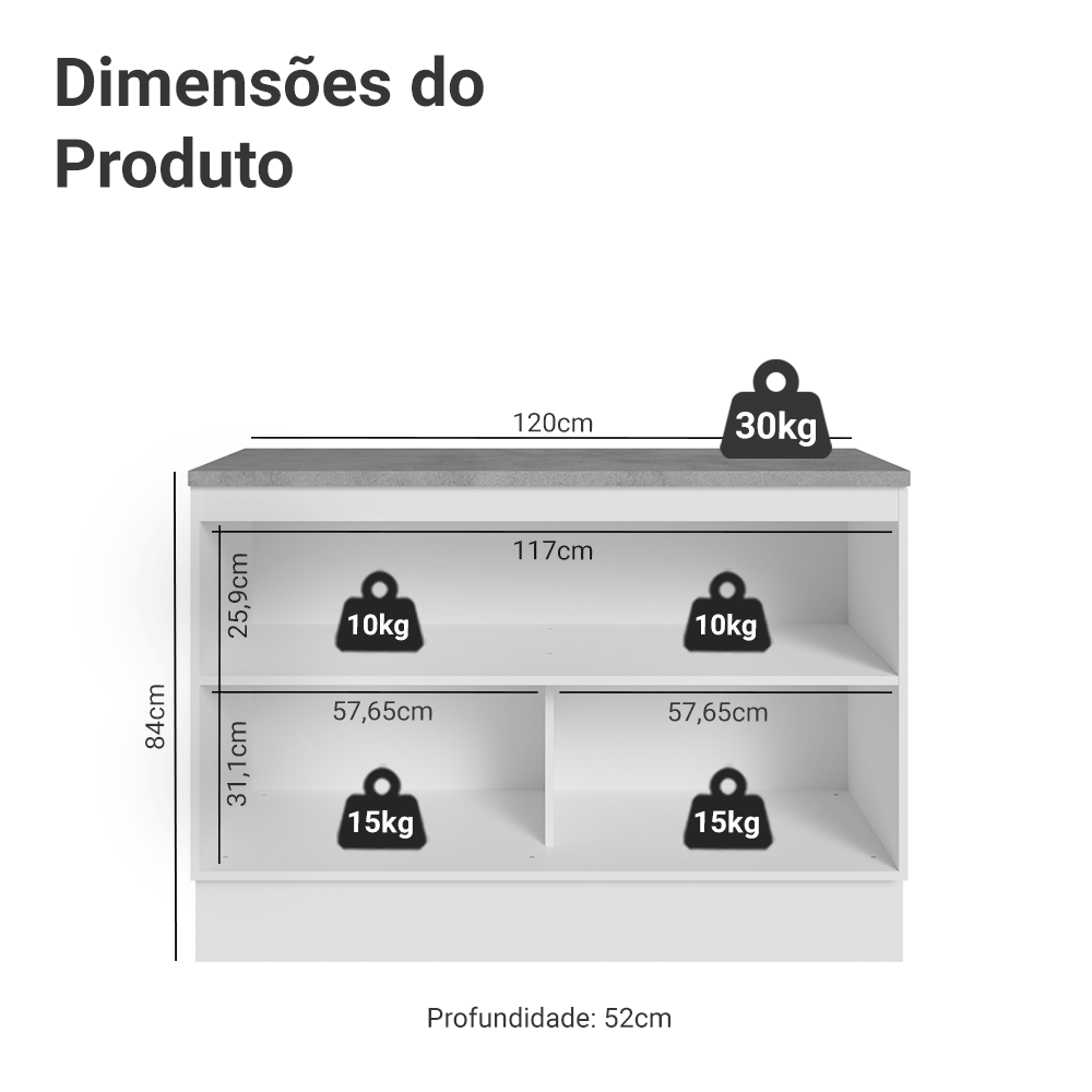 Balcão de Cozinha 120 cm 2 Portas Branco/Cinza Lux Madesa
