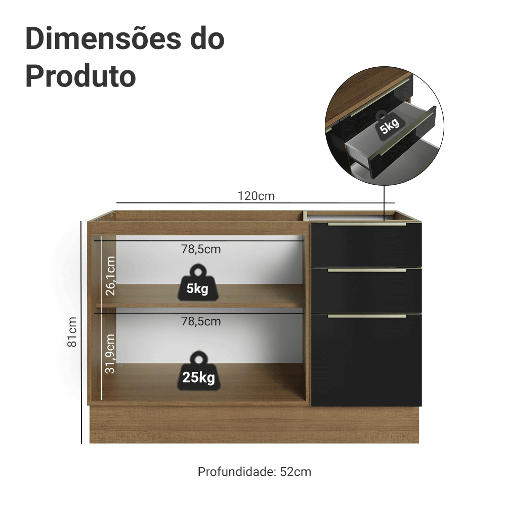 Balcão Gabinete de Pia 120 cm 2 Portas 3 Gavetas (Sem Tampo) Rustic/Preto Lux Madesa