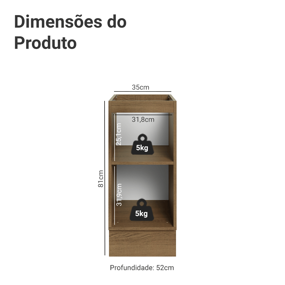 Balcão de Cozinha 35 cm 1 Porta (Sem Tampo) Rustic/Preto Lux Madesa