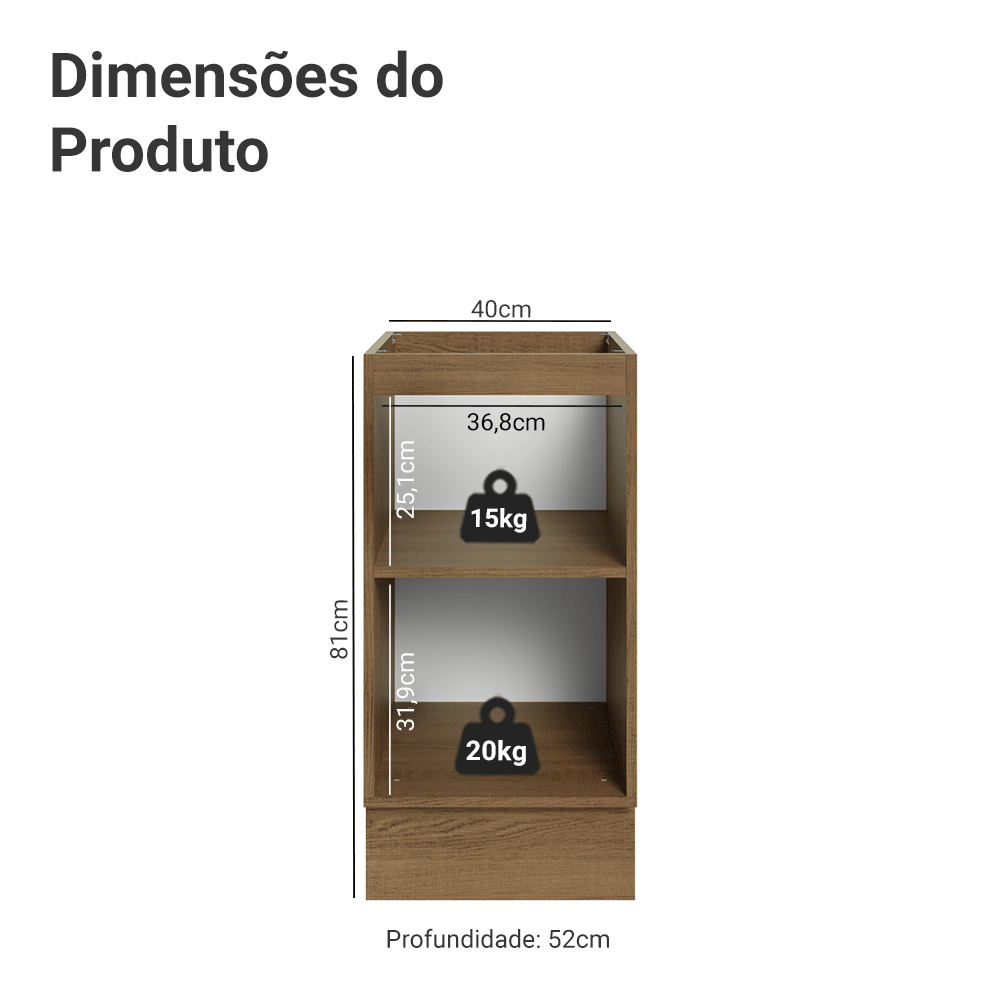 Balcão de Cozinha 40 cm 1 Porta (Sem Tampo) Rustic/Preto Lux Madesa