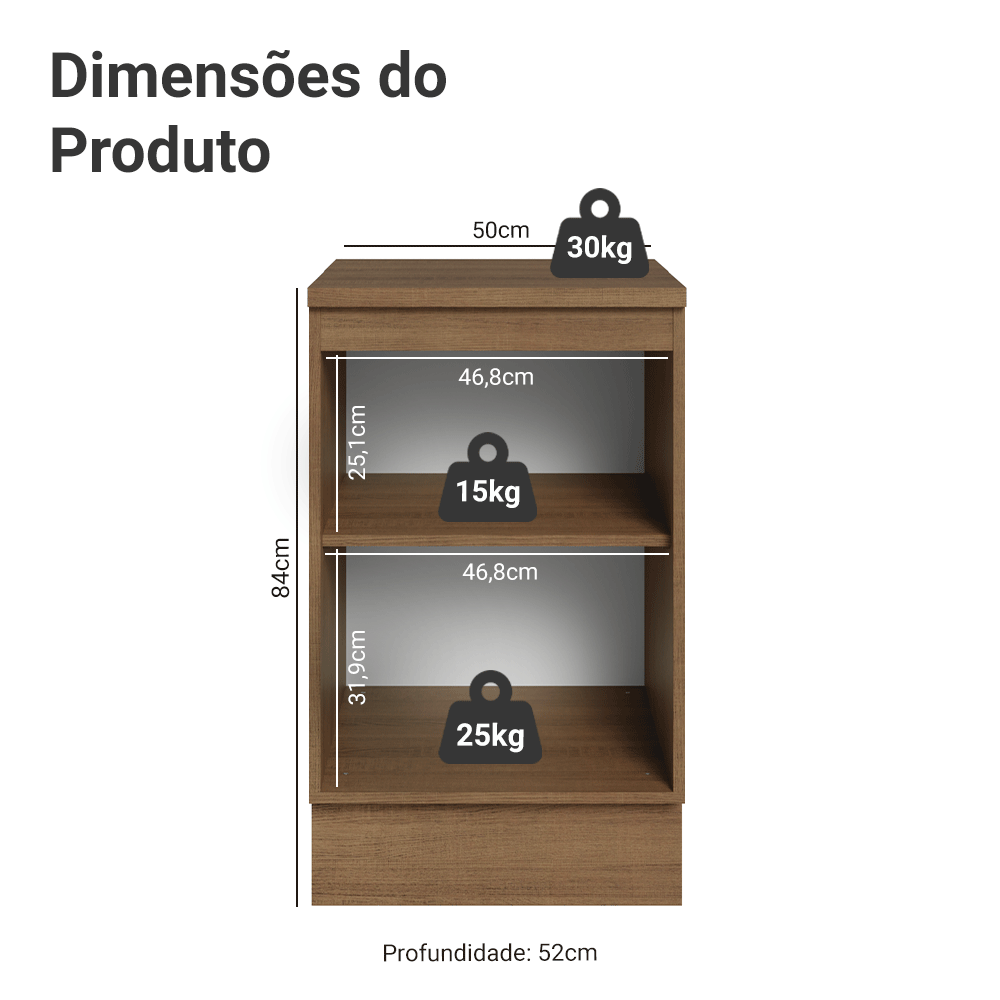 Balcão de Cozinha 50 cm 1 Porta Rustic/Preto Lux Madesa