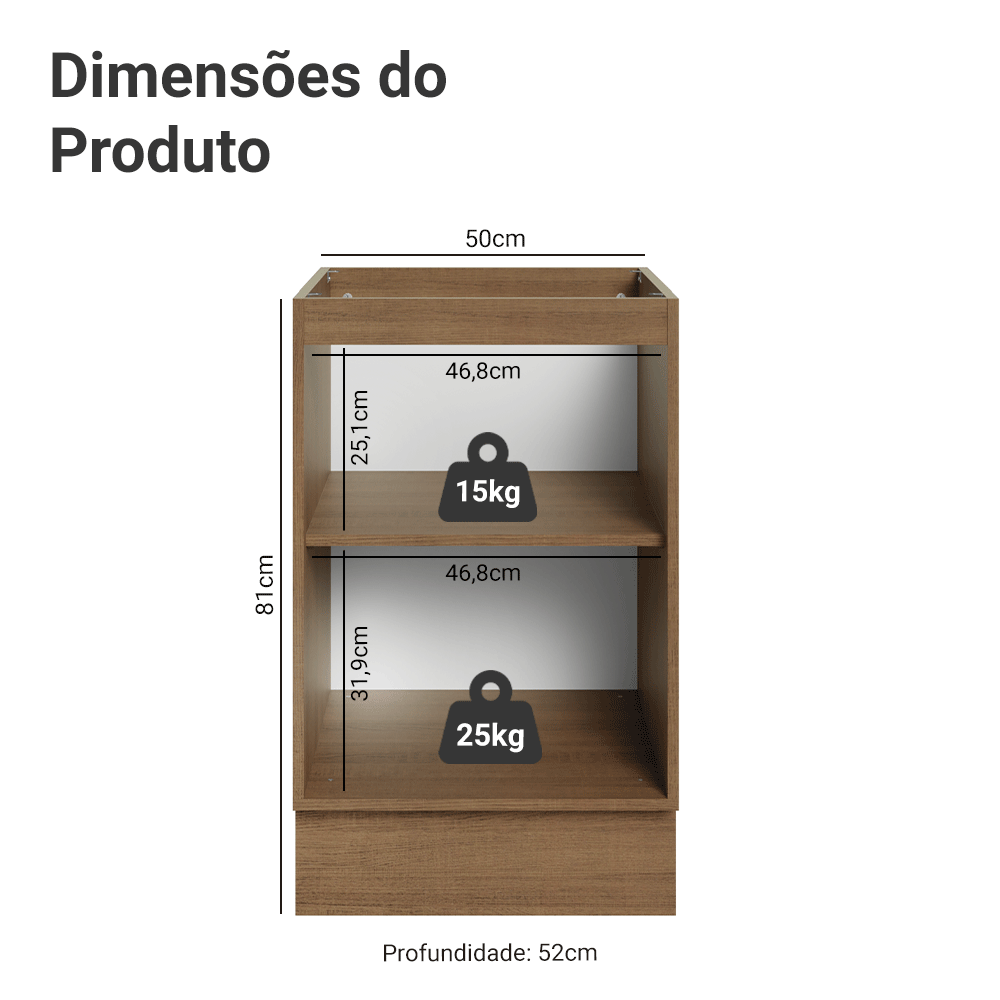 Balcão de Cozinha 50 cm 1 Porta (Sem Tampo) Rustic/Cinza Lux Madesa
