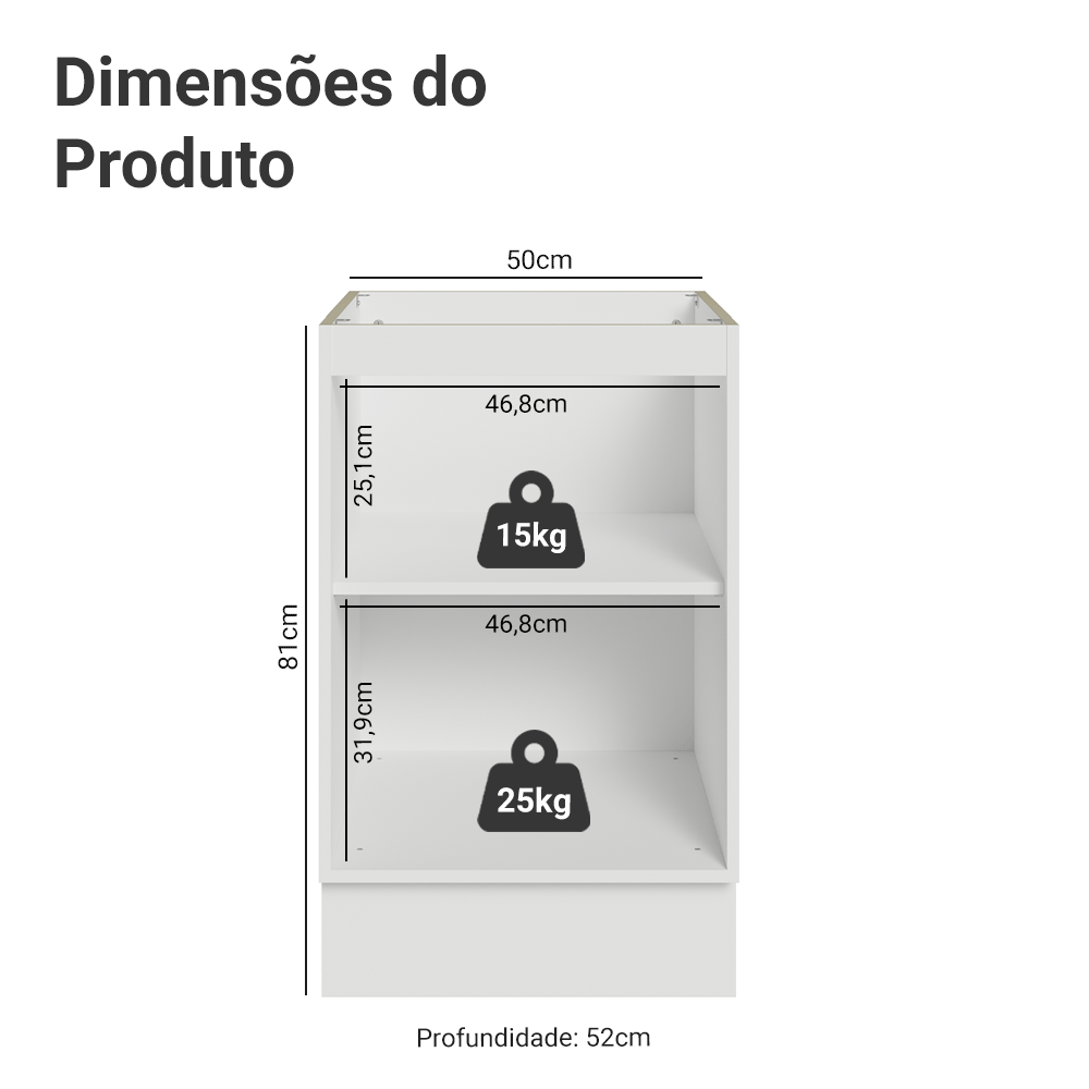 Balcão de Cozinha 50 cm 1 Porta (Sem Tampo) Branco/Cinza Lux Madesa