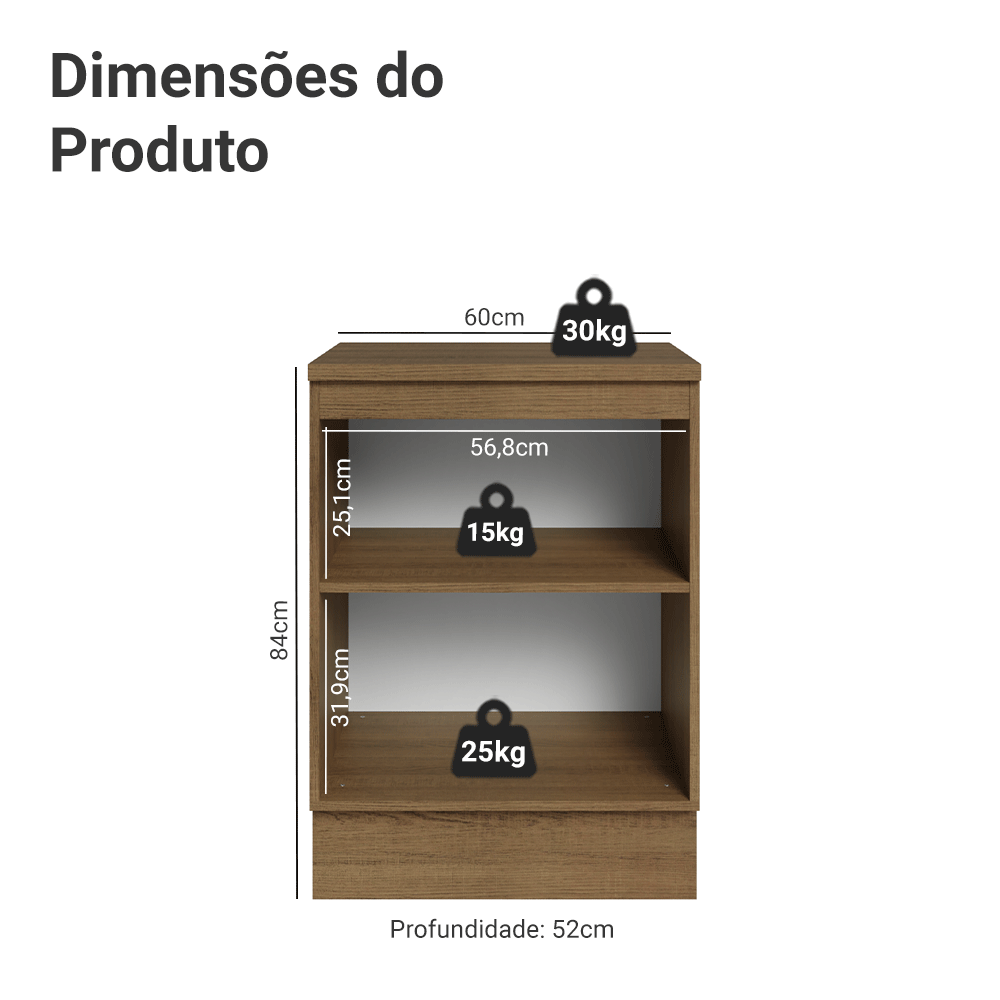 Balcão de Cozinha 60 cm 1 Porta Rustic/Preto Lux Madesa