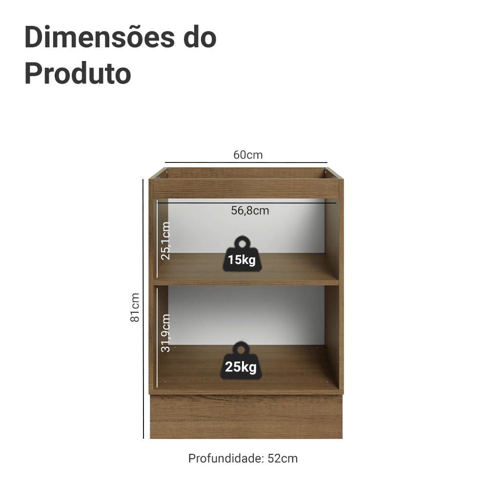 Balcão de Cozinha 60 cm 1 Porta (Sem Tampo) Rustic/Cinza Lux Madesa
