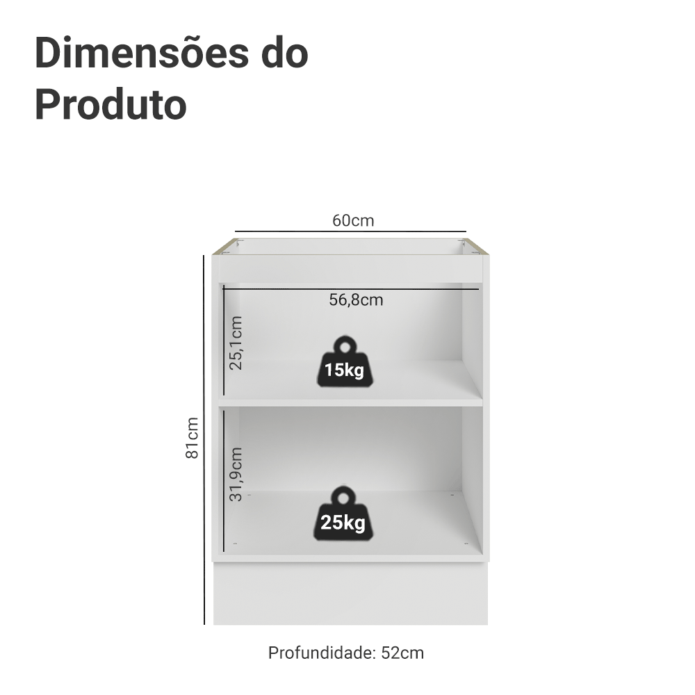 Balcão de Cozinha 60 cm 1 Porta (Sem Tampo) Branco/Cinza Lux Madesa