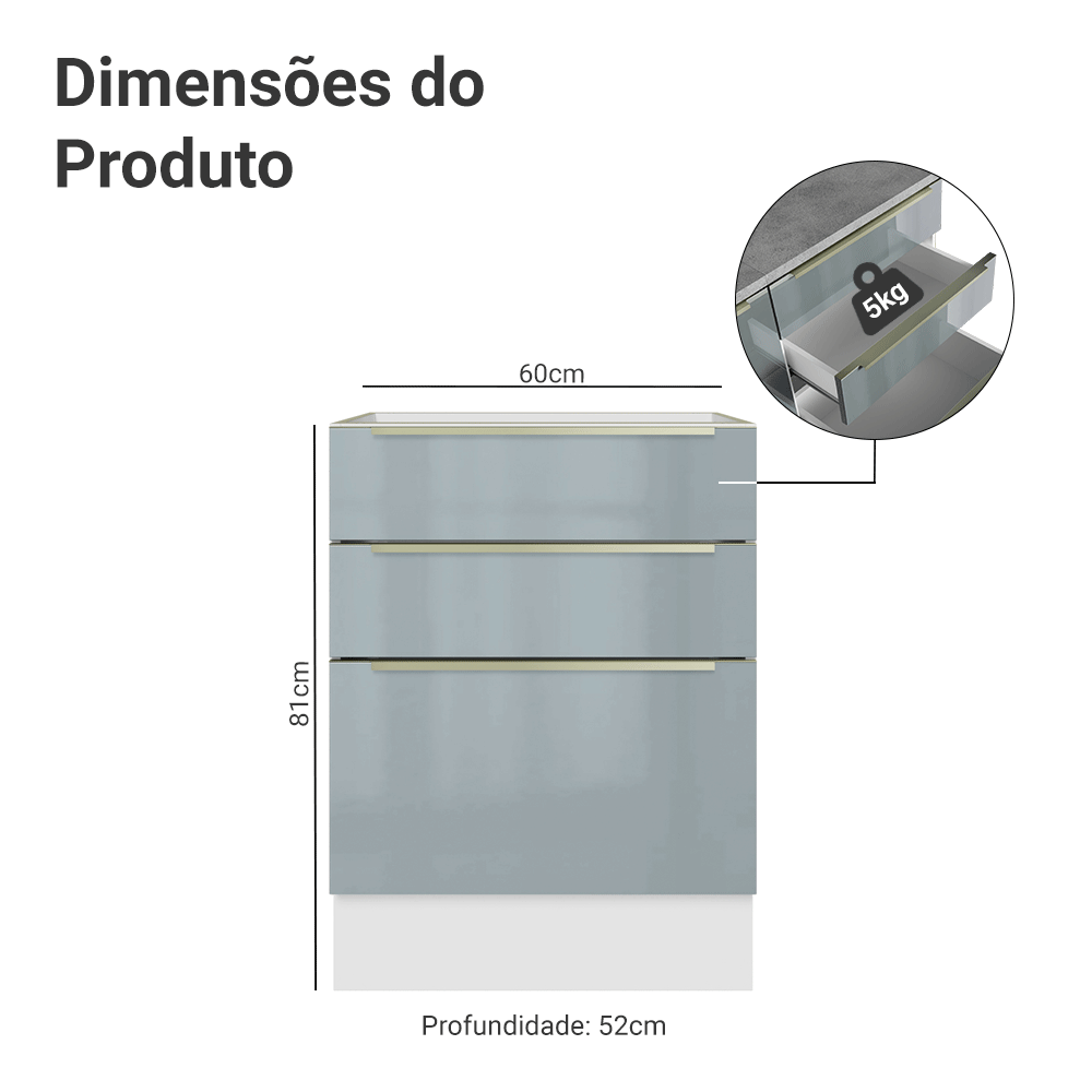 Balcão de Cozinha 60 cm 3 Gavetas (Sem Tampo) Branco/Cinza Lux Madesa