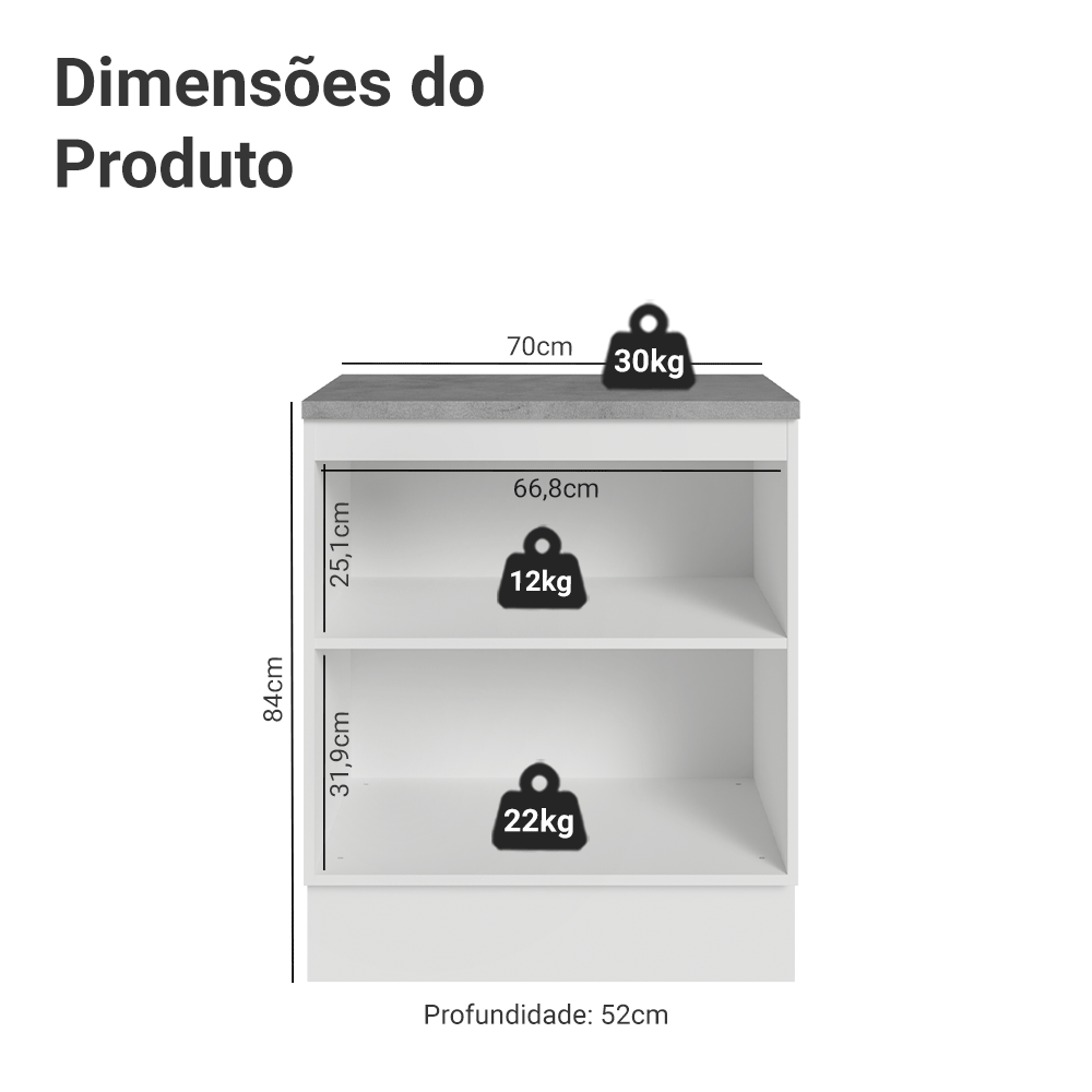 Balcão de Cozinha 70 cm 2 Portas Branco/Preto Lux Madesa