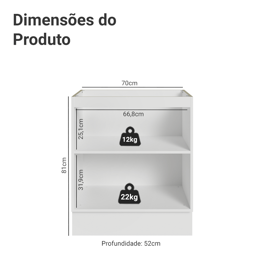 Balcão de Cozinha 70 cm 2 Portas (Sem Tampo) Branco/Preto Lux Madesa