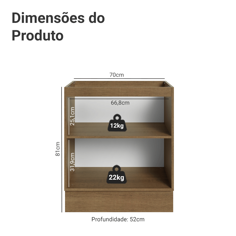 Balcão de Cozinha 70 cm 2 Portas (Sem Tampo) Rustic/Preto Lux Madesa