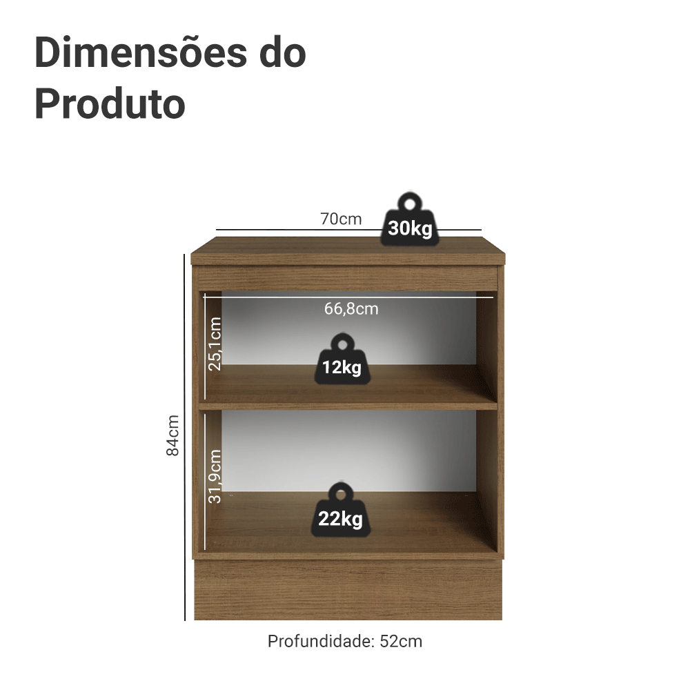 Balcão de Cozinha 70 cm 2 Portas Rustic/Cinza Lux Madesa