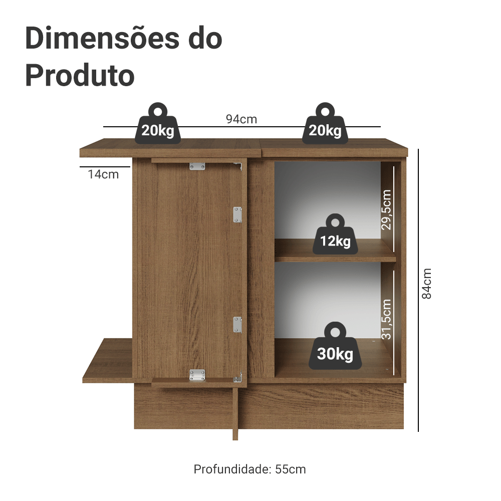 Balcão de Canto 1 Porta Rustic/Preto Lux Madesa