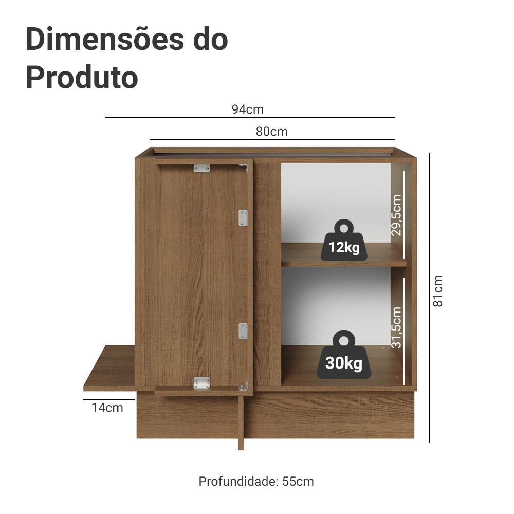 Balcão de Canto 1 Porta (Sem Tampo) Rustic/Cinza Lux Madesa